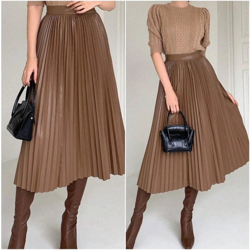 Luxe Vegan leather Accordion Pleated Midi Skirt - Picture 2 of 8